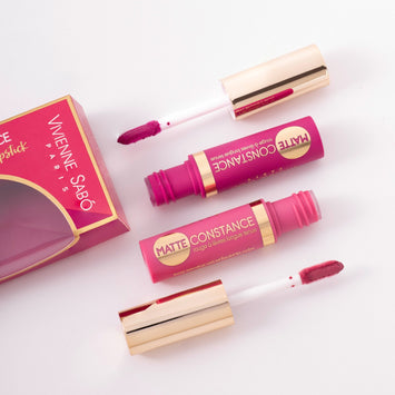 matte lipstick long lasting Matte Constance duo Vivienne Sabo| Shades 32 (warm pink nude) and 35 (fucsia)